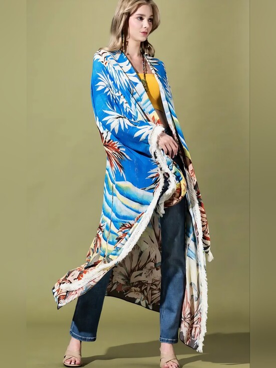 Other - 1190 Tropical Print Fringe Duster Coatigan - Blue & Yellow